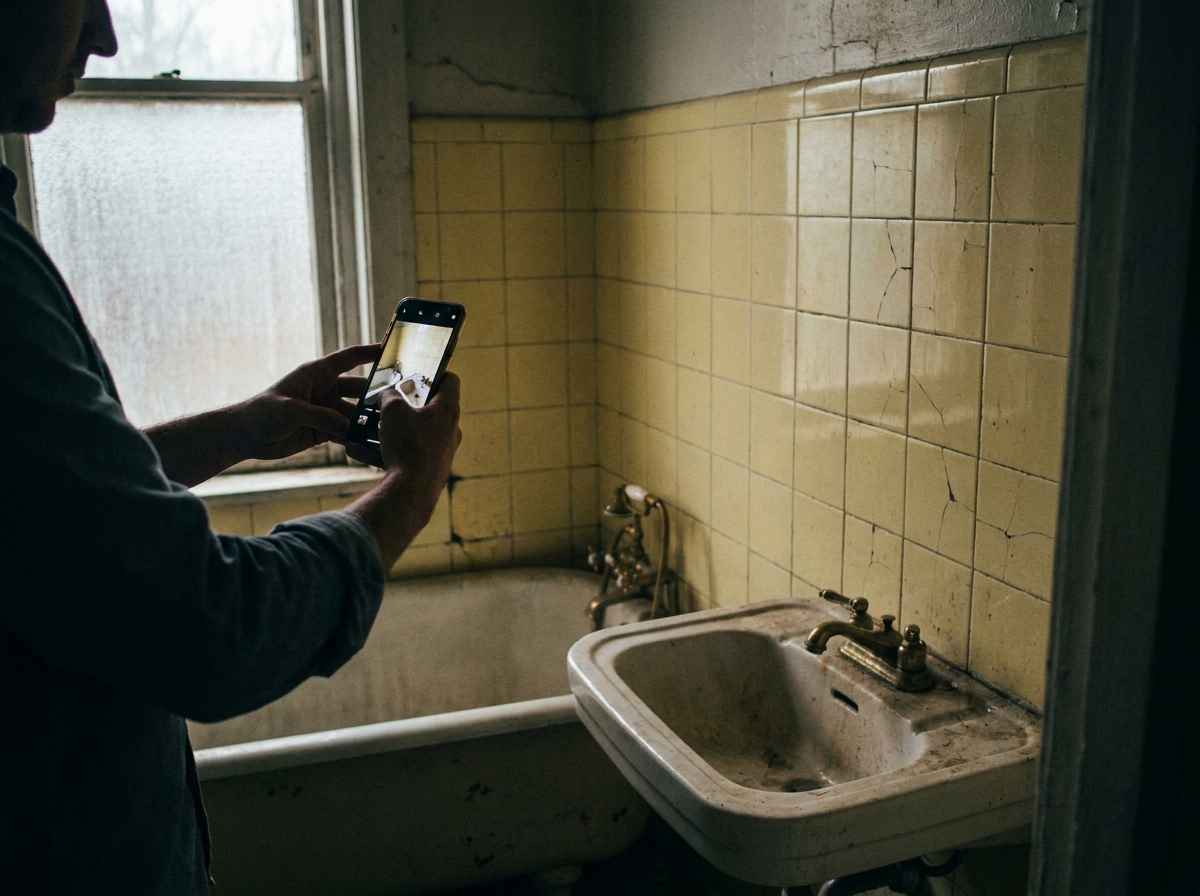 Person photographing bathroom with smartphone
