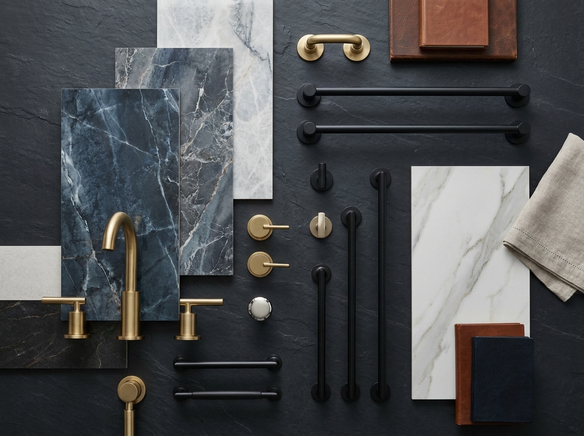 Premium bathroom material samples and tile swatches