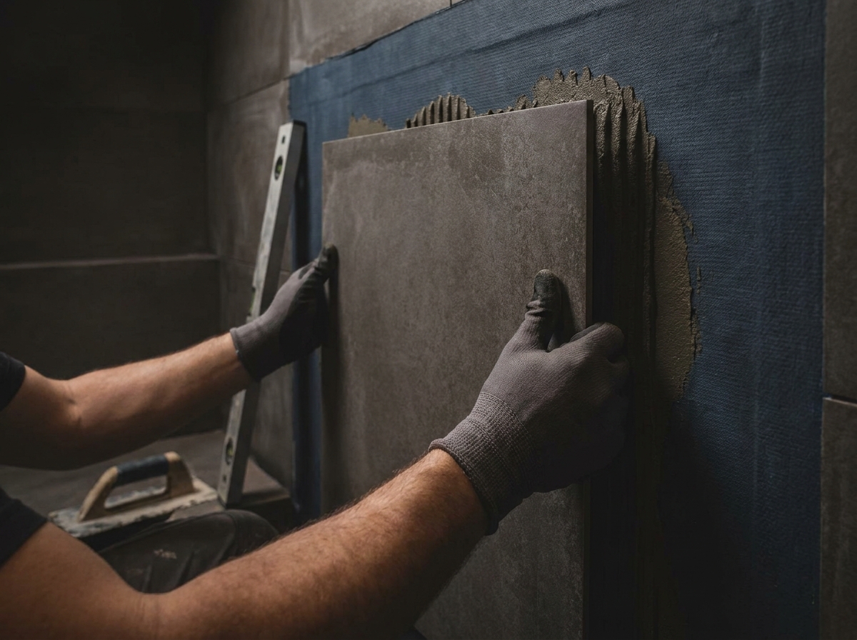 Professional contractor installing porcelain wall tiles