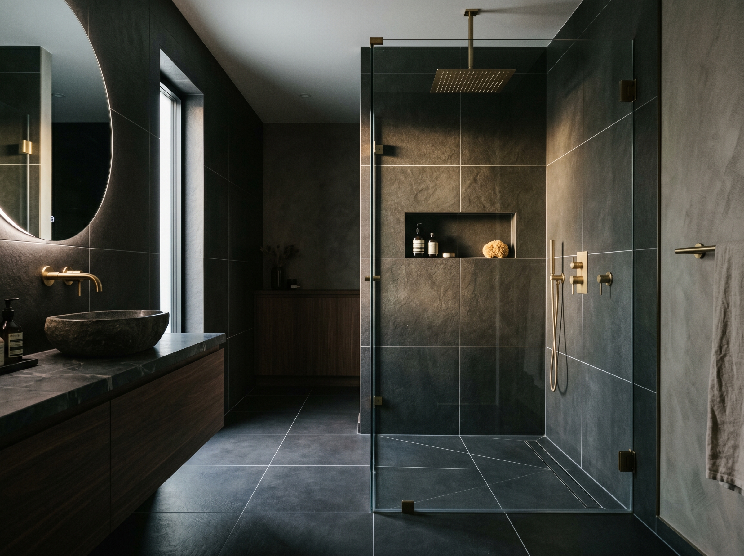 Finished luxury bathroom with frameless glass shower